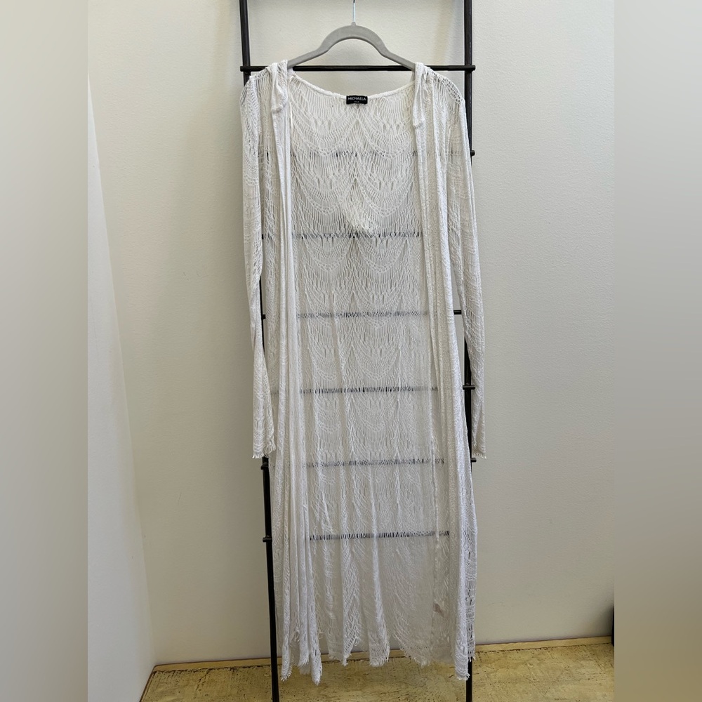 White crochet cardigan with hood